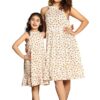 Critter kids Mom-Daughter Twinning Combo Set (Mom XS-5XL, Daughter 1-14 Years) - White Printed Tiered Sleeveless Cotton Dress, Matching Family Ethnic Outfits