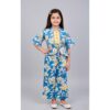 Blue Floral paplum jeacket with yellow  embroided crop Top & matching floral flair Pant Set