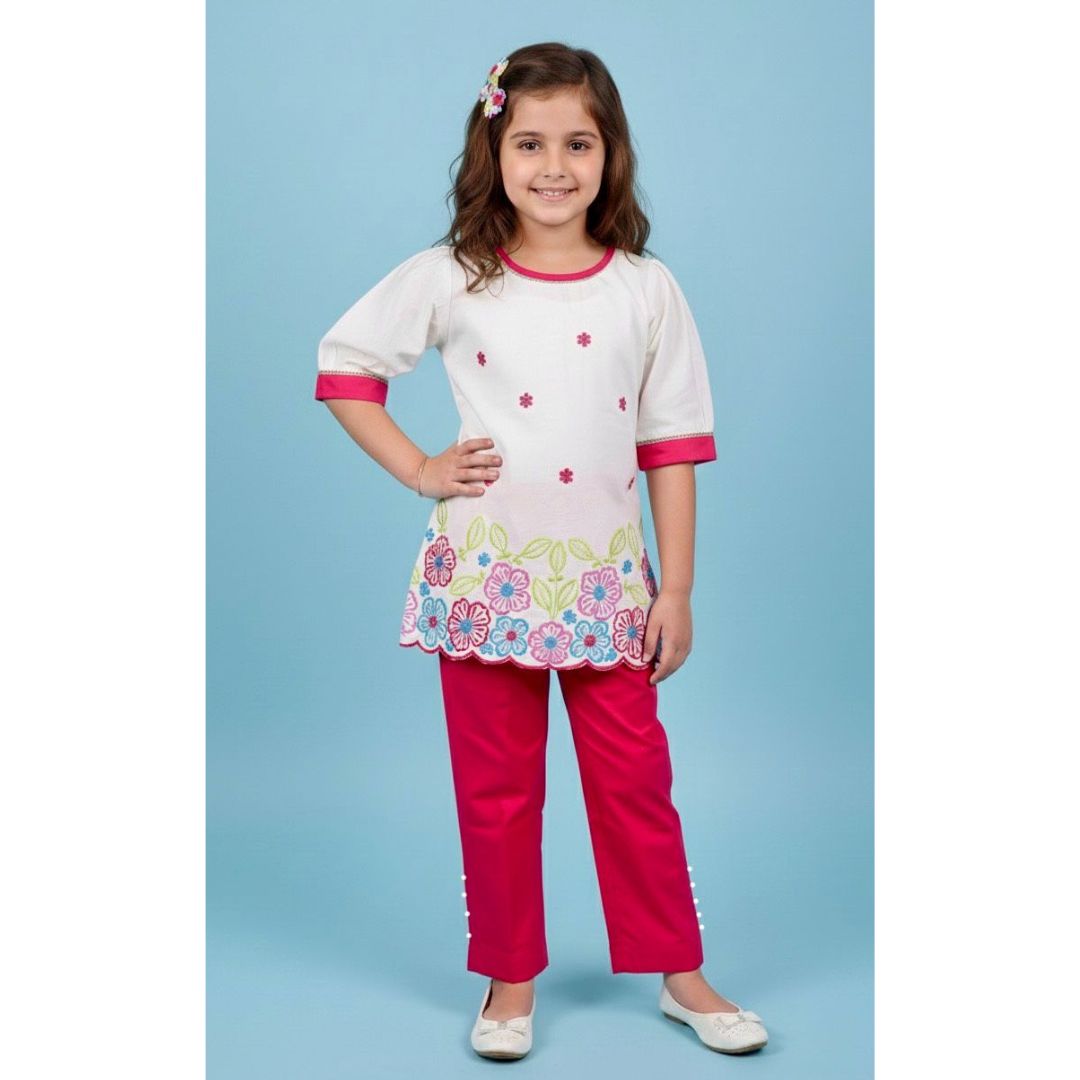White multicolour machine embroided A-line kurti with rani straight pant