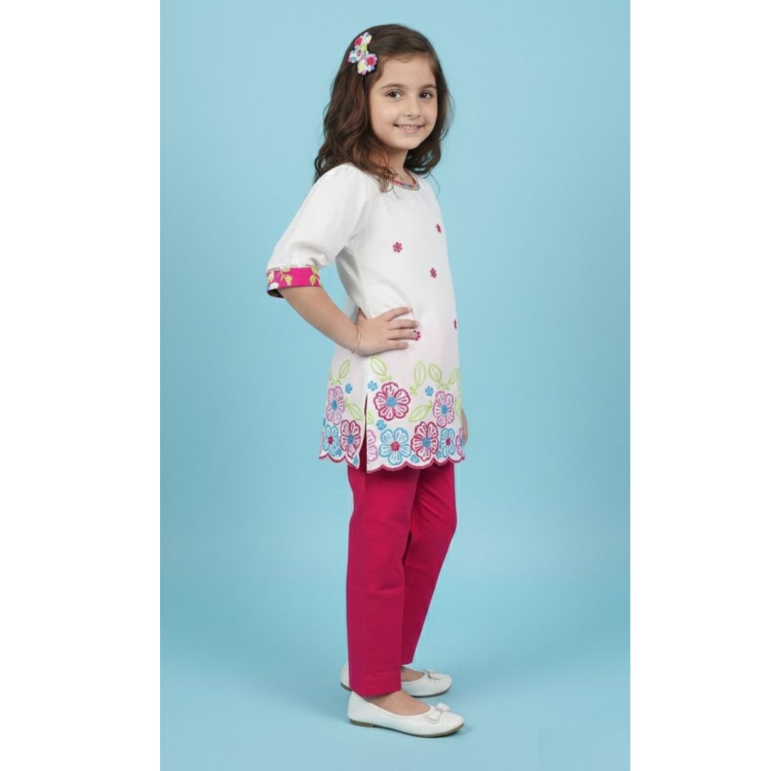 White multicolour machine embroided A-line kurti with rani straight pant - Image 2