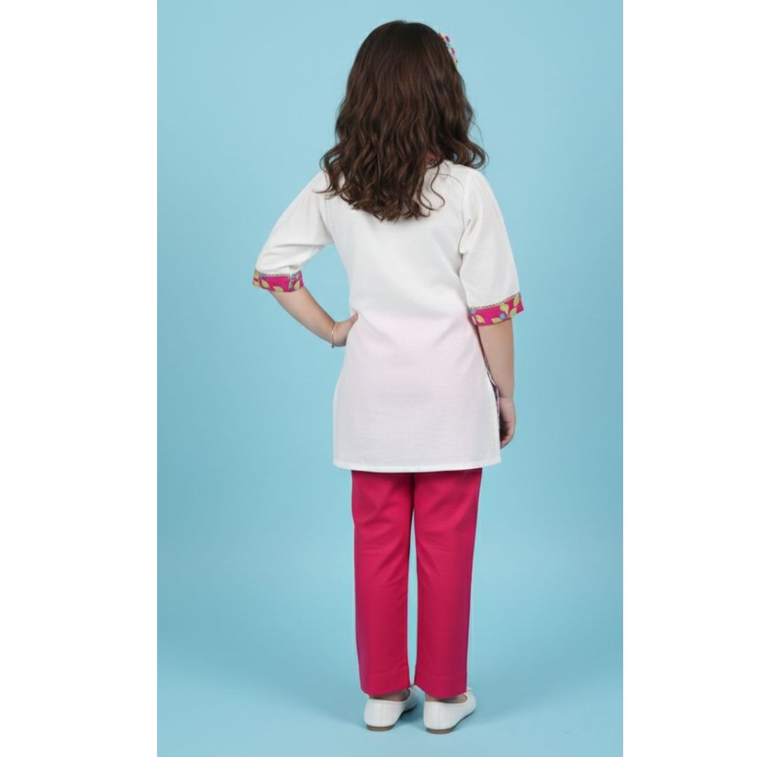 White multicolour machine embroided A-line kurti with rani straight pant - Image 3