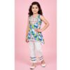 Stylish sleeveless printed kurti set with embroidered neckline and comfortable white pants, perfect for festive and casual wear