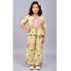 Peasta green Floral paplum jeacket with pink embroided  crop Top & matching floral flair Pant Set