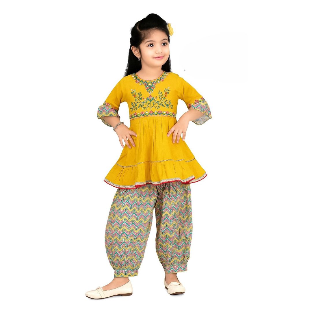 Mustard yellow peplum-style top with zig-zag printed Pathani Bottom Set