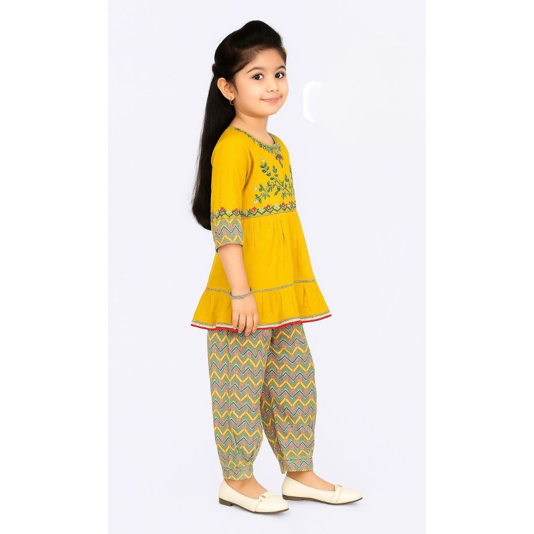 Mustard yellow peplum-style top with zig-zag printed Pathani Bottom Set - Image 2