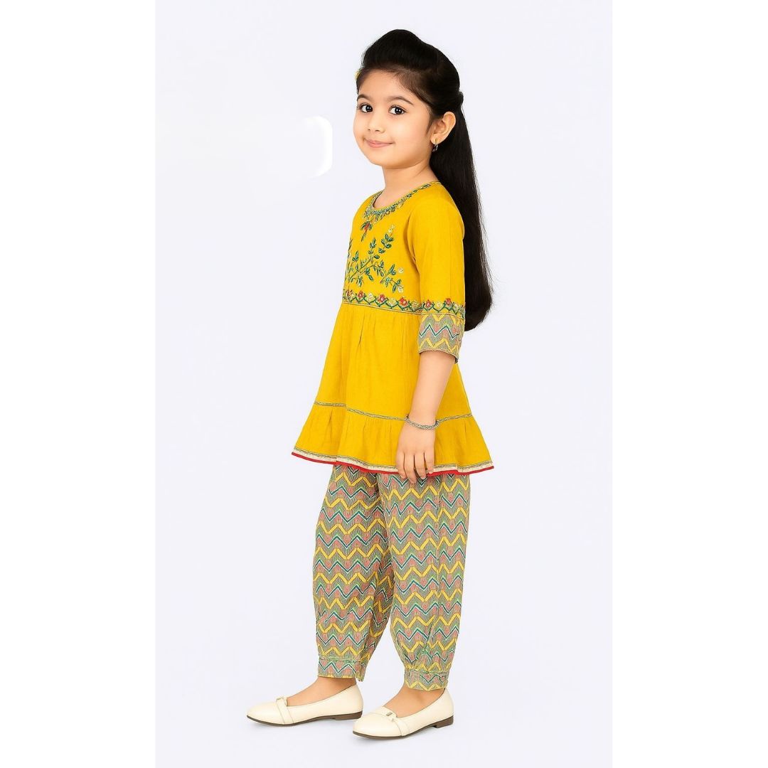 Mustard yellow peplum-style top with zig-zag printed Pathani Bottom Set - Image 3