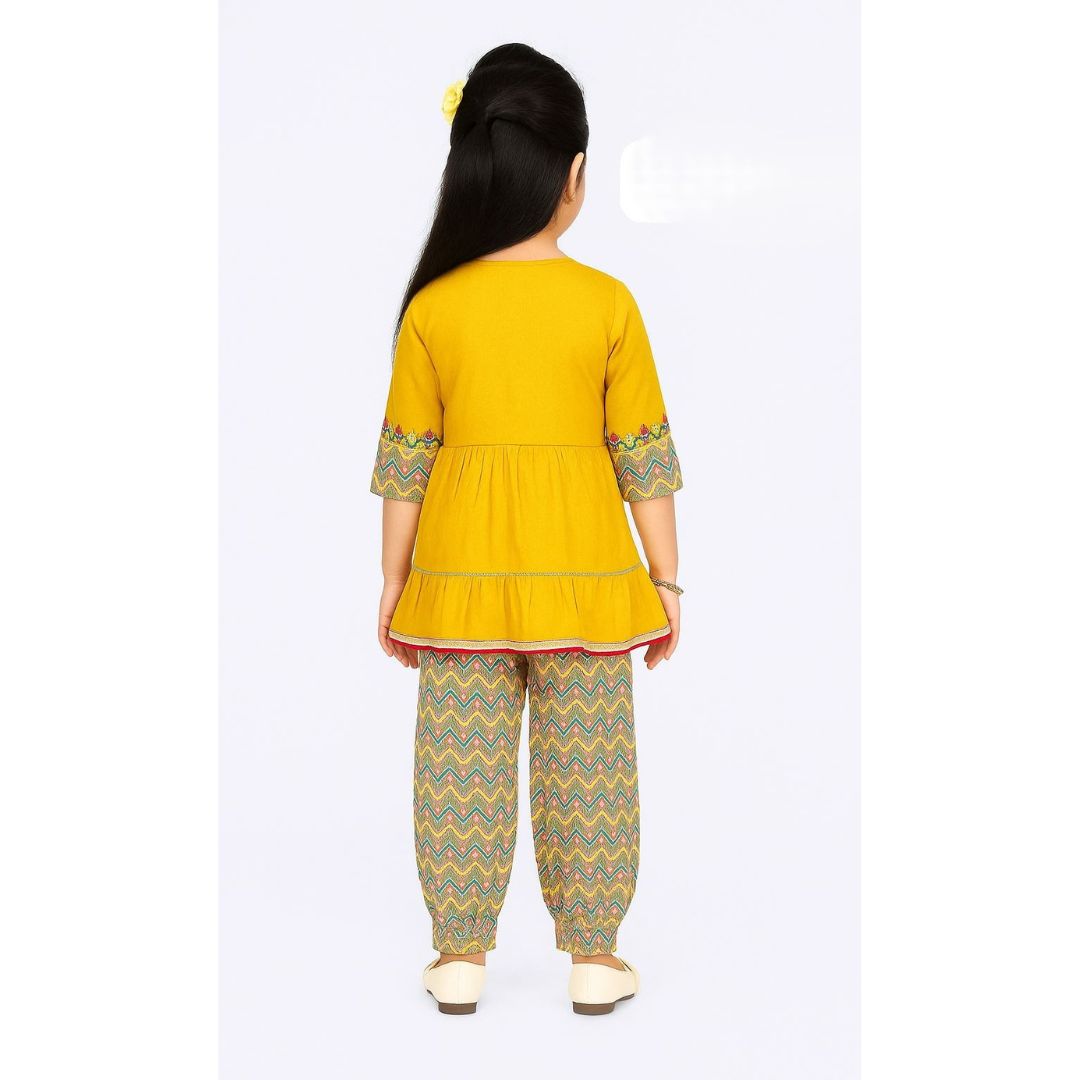 Mustard yellow peplum-style top with zig-zag printed Pathani Bottom Set - Image 4