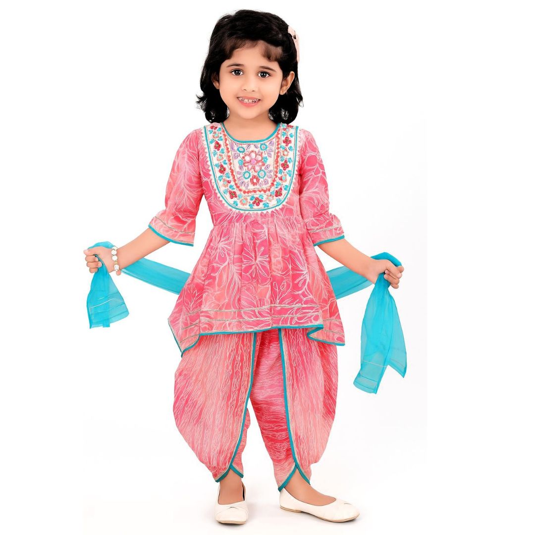 Pink peplum-style ethnic top with c-cut style and with printed dhoti set with dupta