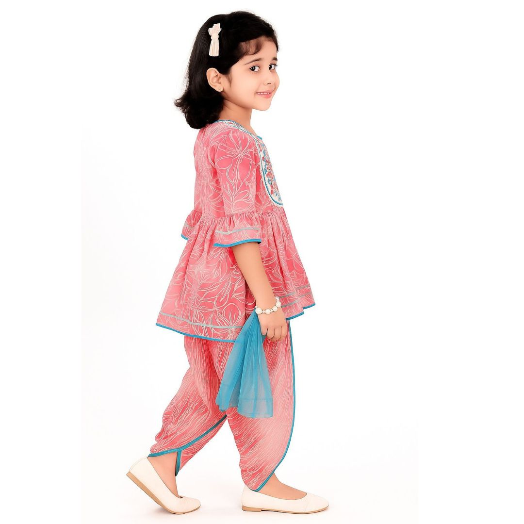 Pink peplum-style ethnic top with c-cut style and with printed dhoti set with dupta - Image 2