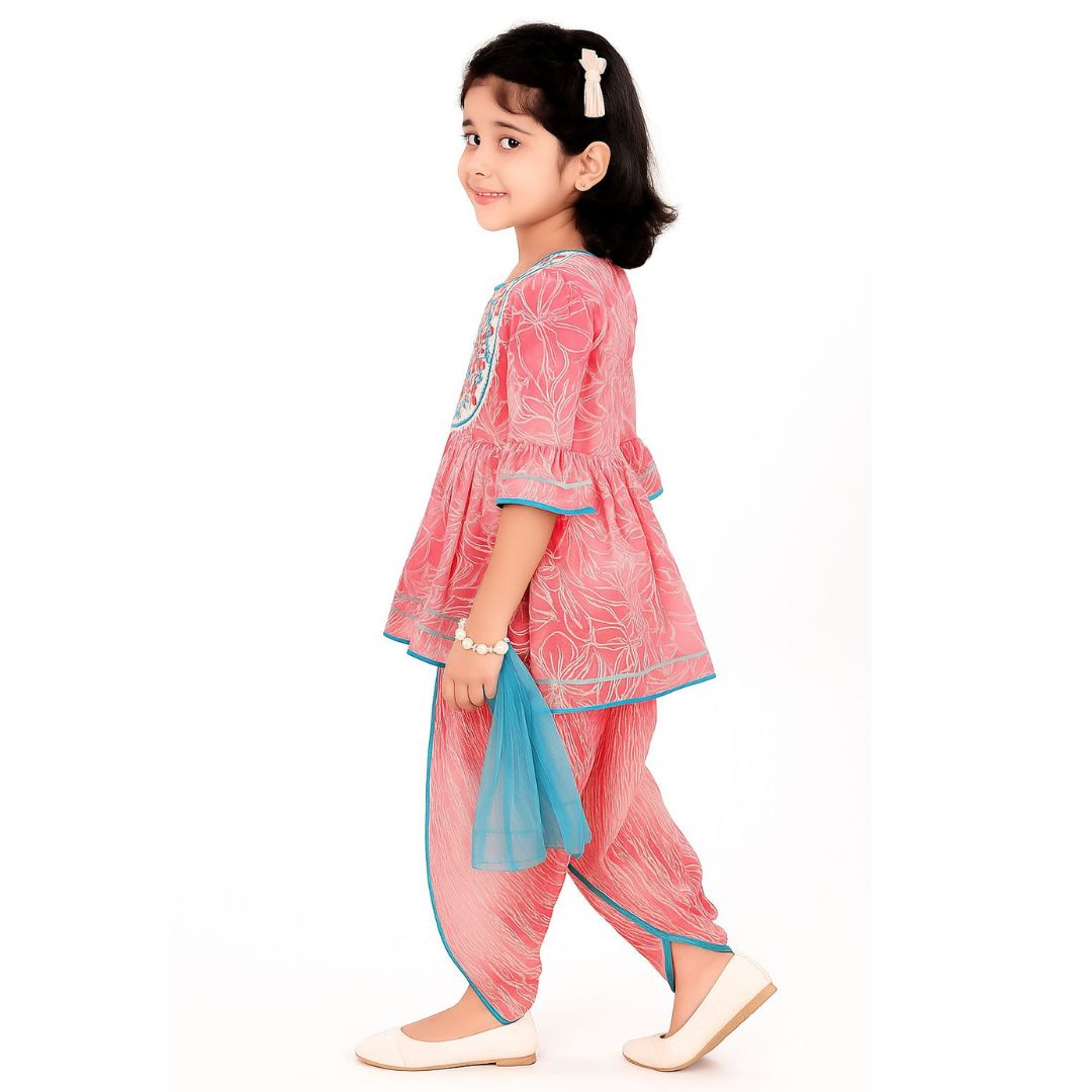 Pink peplum-style ethnic top with c-cut style and with printed dhoti set with dupta - Image 3
