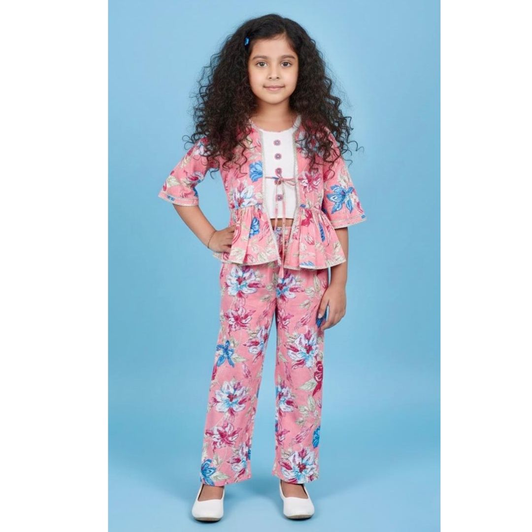 Gajari Floral paplum jeacket with white ebmroided crop Top & matching floral flair Pant Set