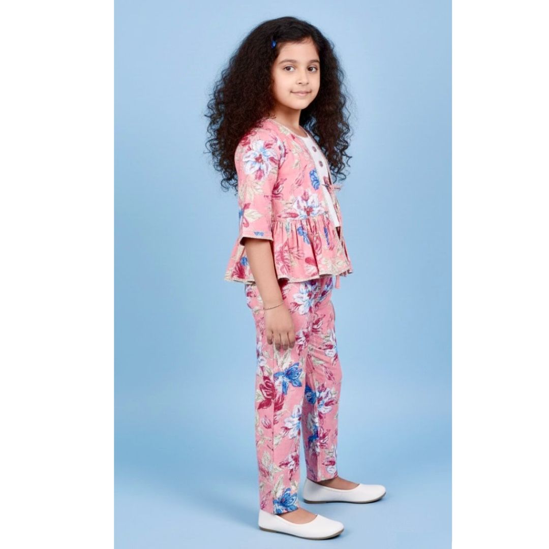 Gajari Floral paplum jeacket with white ebmroided crop Top & matching floral flair Pant Set - Image 2