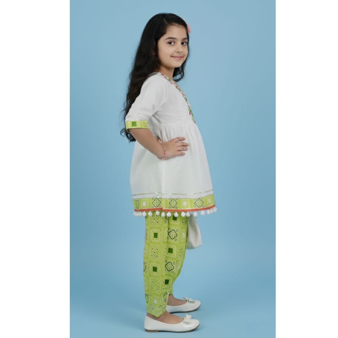 White peplum-style top with green Pathani Bottom Set - Image 4
